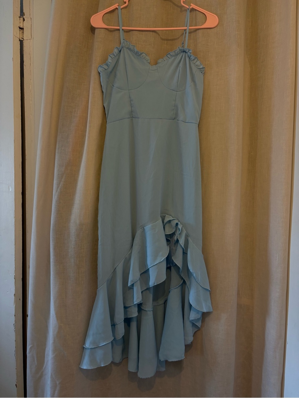Spaghetti Strap Ruffle High-Low Dress in Light Blue